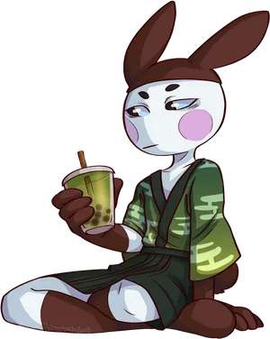 Relaxed_ Anthropomorphic_ Rabbit_with_ Drink PNG Image