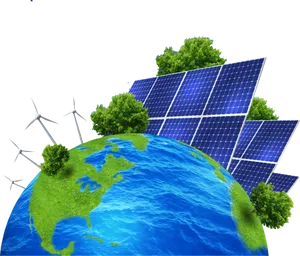 Renewable Energy Concept Earth Solar Panels Wind Turbines PNG Image