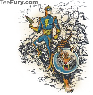 Retro Space Heroand Tiger Adventure PNG Image