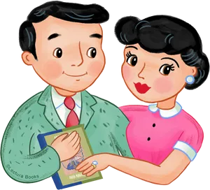 Retro Styled Parents Holding Book PNG Image