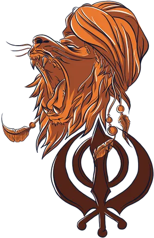 Roaring_ Lion_ Turban_ Khanda_ Symbol PNG Image