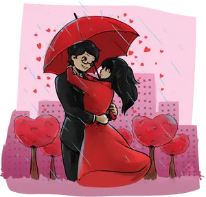 Romantic Umbrella Embrace Cityscape Love PNG Image