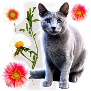 Russian Blue Cat And Flowers Png Yoq PNG Image