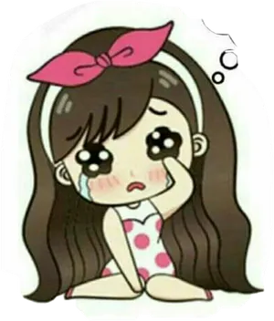 Sad Cartoon Girlwith Pink Bow PNG Image