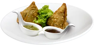 Samosaswith Chutneyson White Plate PNG Image