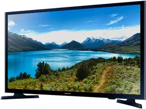 Samsung L E D T V Displaying Mountain Landscape PNG Image