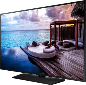 Samsung T V Displaying Tropical Seaside View PNG Image