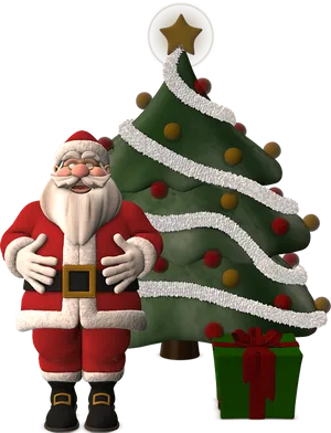 Santa Clausand Christmas Treewith Gift PNG Image