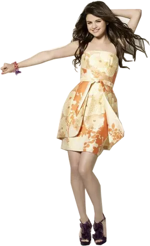 Selena Gomez Floral Dress Pose PNG Image