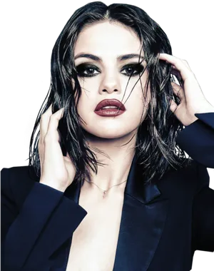 Selena Gomez Wet Hair Intense Look PNG Image