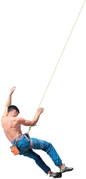 Shirtless Climber Rappelling Down PNG Image