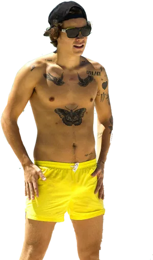 Shirtless Man Yellow Shorts Tattoos PNG Image