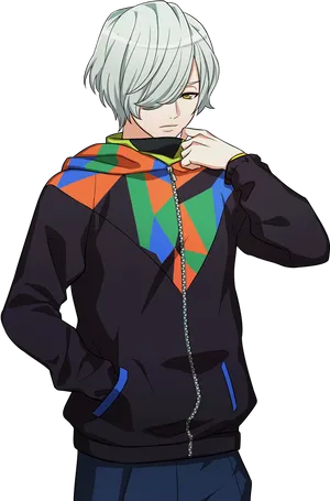 Silver Haired Anime Boyin Colorful Hoodie PNG Image