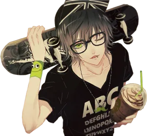 Skater Anime Boywith Glasses PNG Image