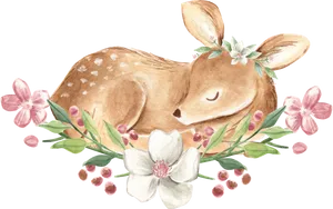 Sleeping Fawn Floral Wreath Illustration PNG Image