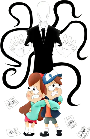 Slender_ Man_and_ Animated_ Characters_ Fear PNG Image