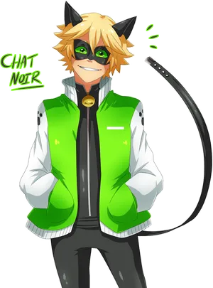 Smiling Anime Characterwith Cat Earsand Green Jacket PNG Image