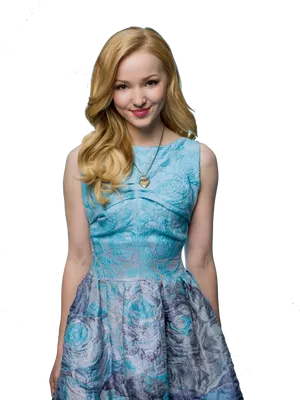 Smiling Blonde Womanin Blue Dress PNG Image