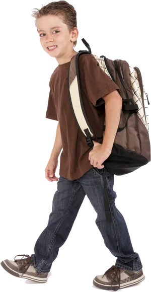 Smiling Boy Walking With Backpack PNG Image