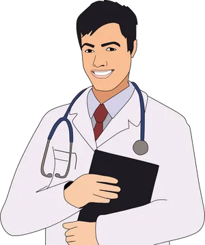 Smiling Cartoon Doctorwith Clipboard PNG Image