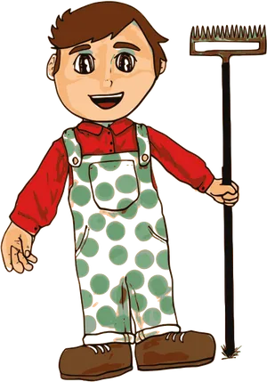 Smiling Cartoon Farmerwith Rake PNG Image