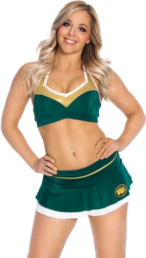 Smiling Cheerleaderin Greenand Gold Uniform PNG Image