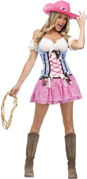 Smiling Cowgirlwith Pink Hatand Lasso.png PNG Image