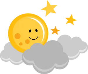 Smiling Moonand Stars Over Clouds PNG Image