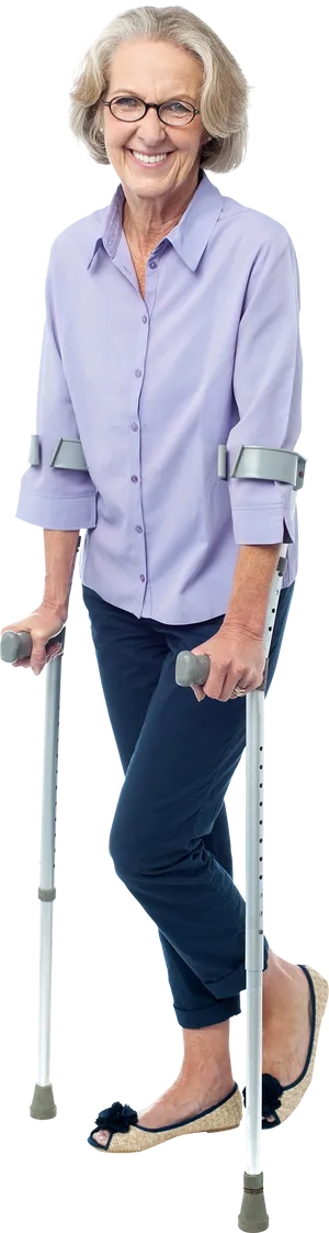 Smiling Senior Woman With Crutches PNG Image