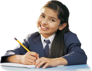 Smiling Studentin Uniform Writing PNG Image