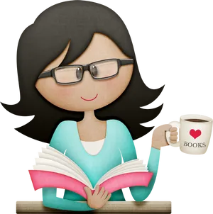 Smiling Teacher Reading Book With Coffee Cup PNG Image