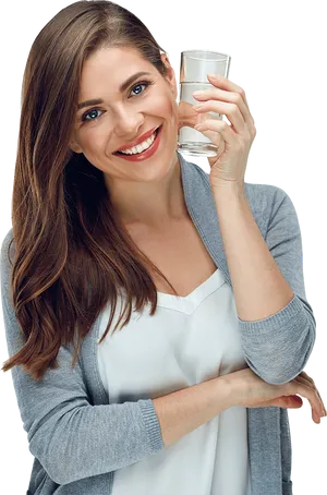 Smiling Woman Holding Glassof Water PNG Image