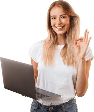 Smiling Woman Holding Laptop O K Sign PNG Image