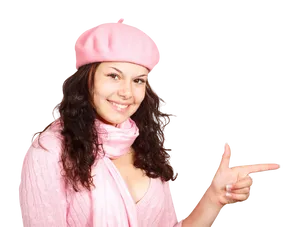 Smiling Woman Pink Beret Pointing PNG Image