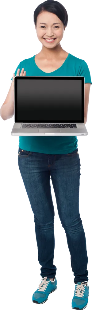 Smiling Woman Presenting Laptop PNG Image