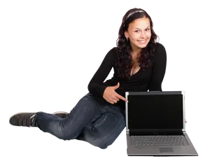 Smiling Woman Presenting Laptop PNG Image