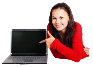 Smiling Woman Presenting Laptop Screen PNG Image