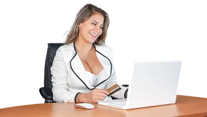 Smiling Woman Shopping Online Office Setting PNG Image