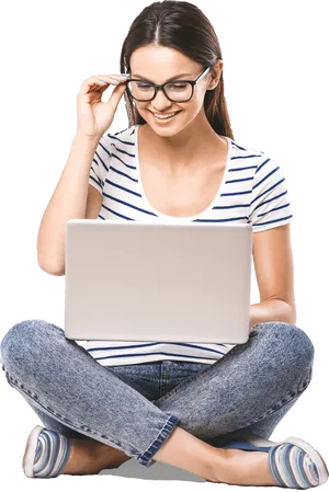 Smiling Woman Using Laptop Crosslegged PNG Image