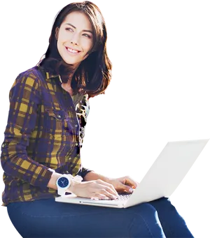 Smiling Woman Using Laptop PNG Image