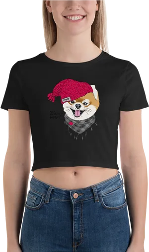 Smiling Woman Wearing Corgi Crop Top PNG Image