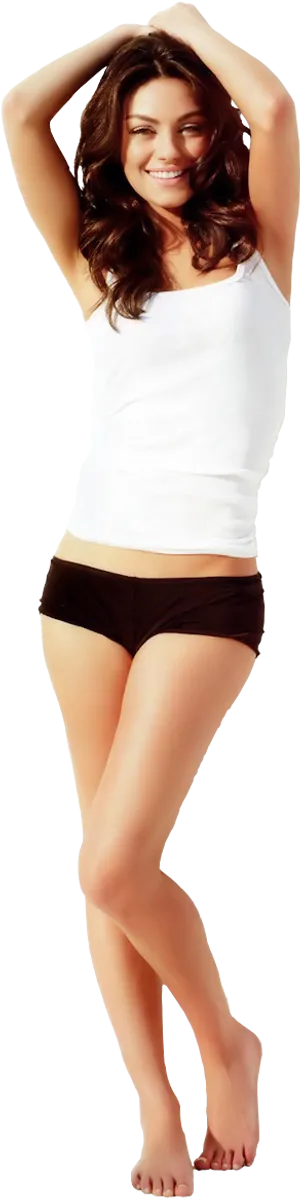 Smiling Woman White Tank Top Brown Shorts PNG Image