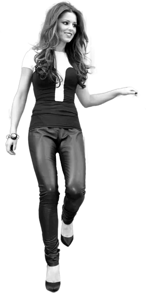 Smiling Womanin Blackand White Outfit PNG Image