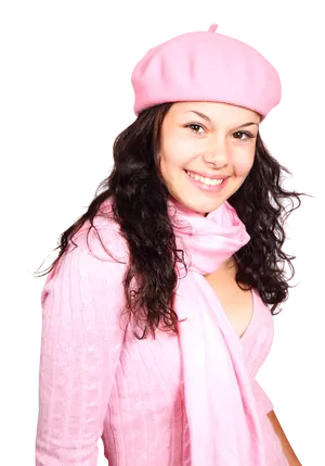 Smiling Womanin Pink Beretand Scarf PNG Image