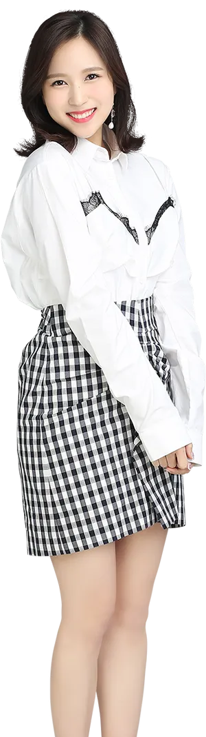 Smiling Womanin White Blouseand Checkered Skirt PNG Image