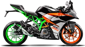 Sporty Motorcycle Green Frame Orange Wheels PNG Image