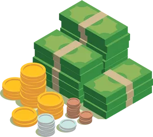 Stacked Currencyand Coins Illustration PNG Image