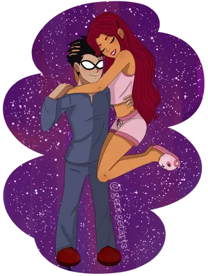 Starfireand Robin Cosmic Embrace PNG Image