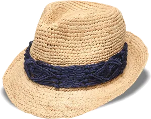 Straw Fedora Hatwith Blue Band PNG Image