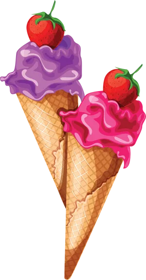 Strawberry Topped Ice Cream Cones Clipart PNG Image